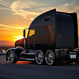 A custom semi-truck showcasing luxurious Cadillac rims with a cutting-edge design