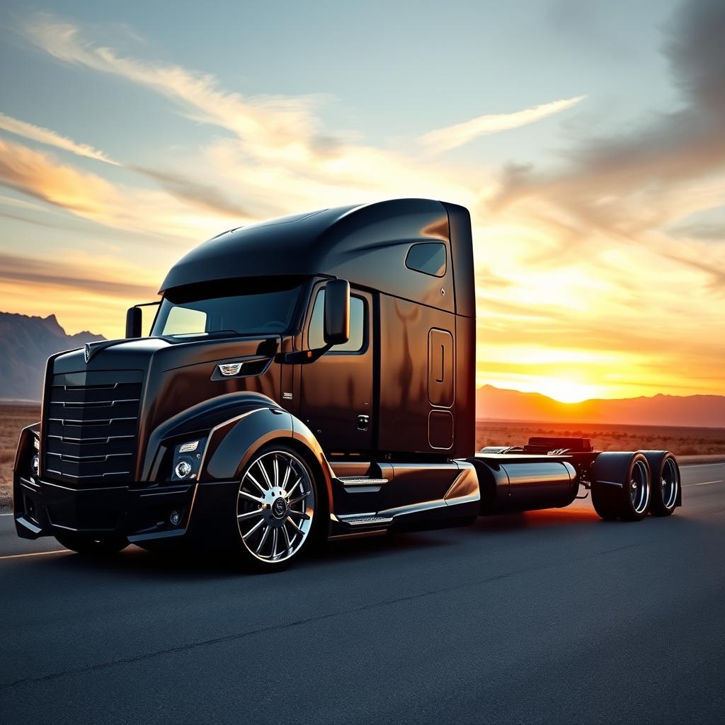 A custom semi-truck showcasing luxurious Cadillac rims with a cutting-edge design