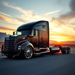 A custom semi-truck showcasing luxurious Cadillac rims with a cutting-edge design