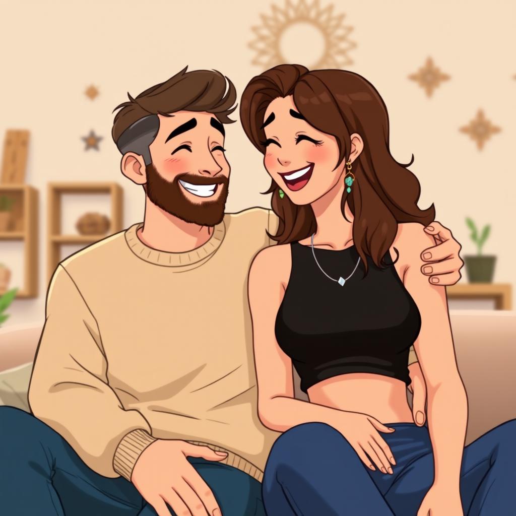 An animated image of a happy couple sharing a joyful moment, sitting closely together