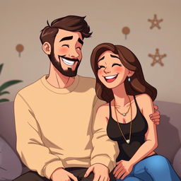 An animated image of a happy couple sharing a joyful moment, sitting closely together