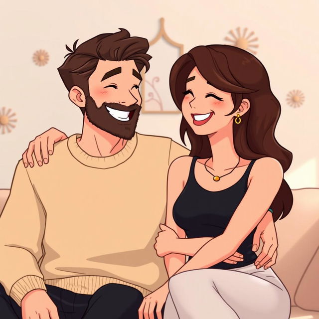 An animated image of a happy couple sharing a joyful moment, sitting closely together