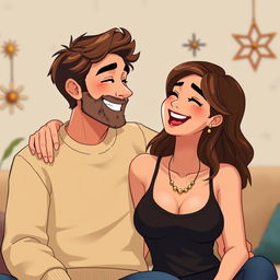An animated image of a happy couple sharing a joyful moment, sitting closely together
