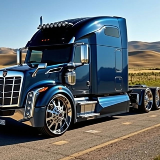 A stunning semi-truck featuring extravagant Cadillac rims with a custom, cutting-edge design