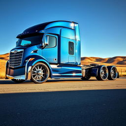A stunning semi-truck featuring extravagant Cadillac rims with a custom, cutting-edge design