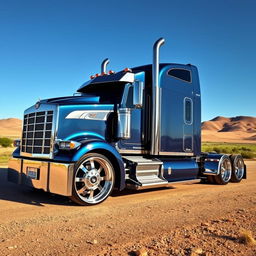 A stunning semi-truck featuring extravagant Cadillac rims with a custom, cutting-edge design