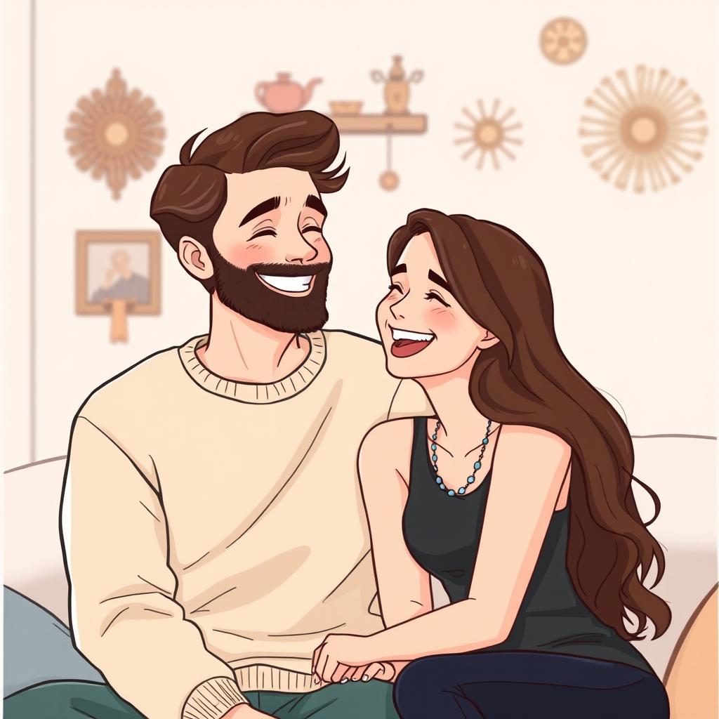 A charming illustration of a happy couple in a joyful moment, sitting closely together