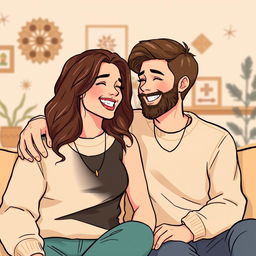 A charming illustration of a happy couple in a joyful moment, sitting closely together