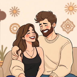 A charming illustration of a happy couple in a joyful moment, sitting closely together