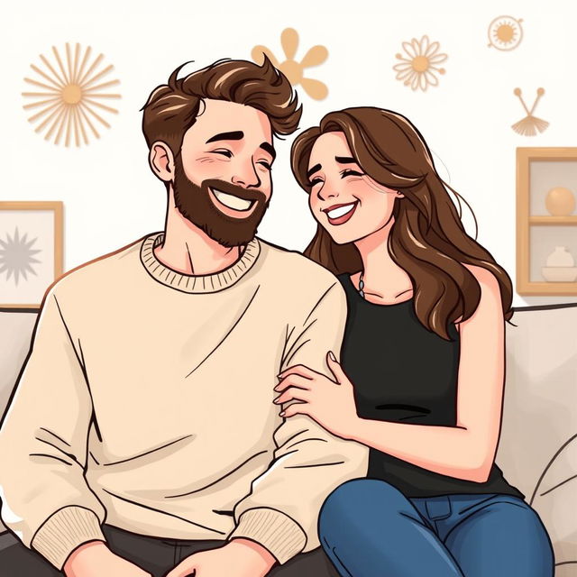 A charming illustration of a happy couple in a joyful moment, sitting closely together