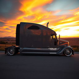 A state-of-the-art semi-truck equipped with custom Cadillac rims that exude luxury and innovation