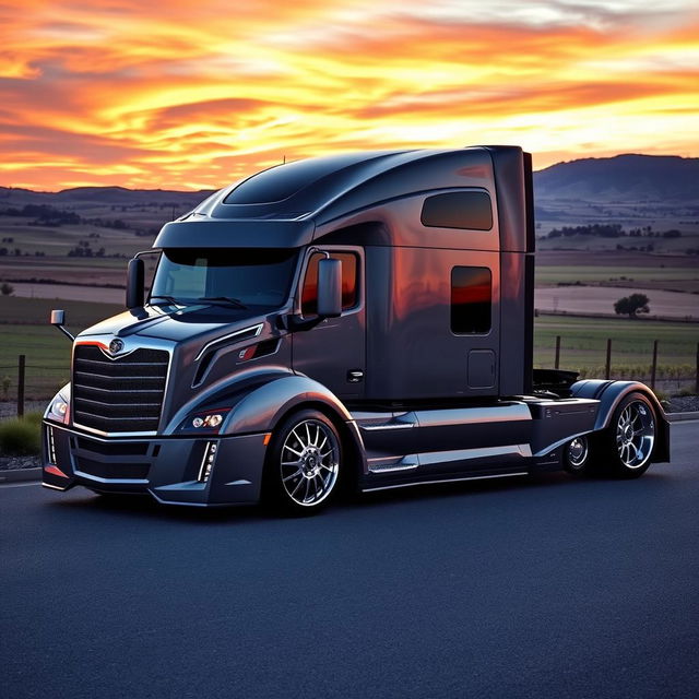 A state-of-the-art semi-truck equipped with custom Cadillac rims that exude luxury and innovation