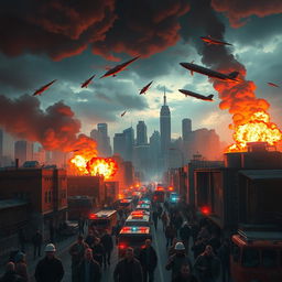 A vivid depiction of bombs falling over a bustling city