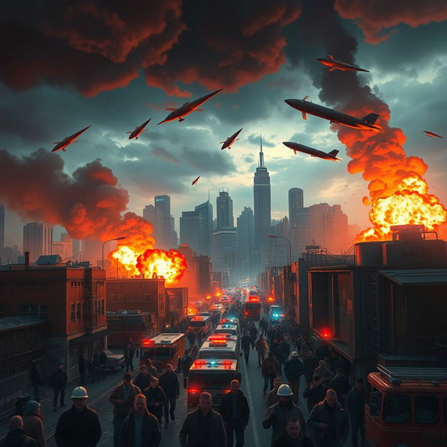 A vivid depiction of bombs falling over a bustling city