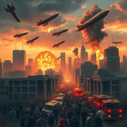 A vivid depiction of bombs falling over a bustling city