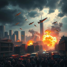 A vivid depiction of bombs falling over a bustling city