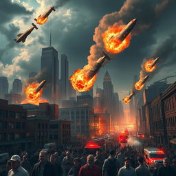 A vivid depiction of bombs falling over a bustling city