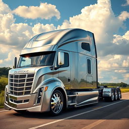 A magnificent semi-truck featuring exclusive Cadillac rims, designed with cutting-edge aesthetics