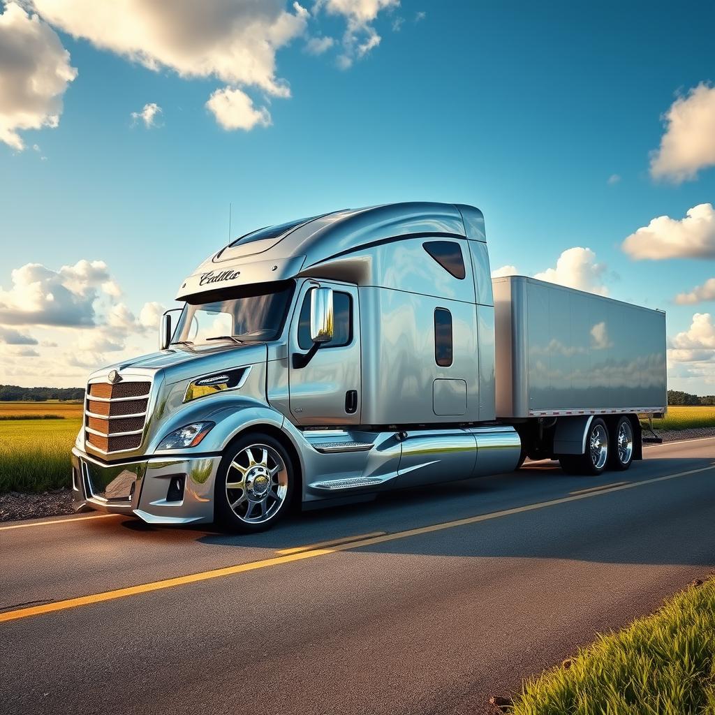 A magnificent semi-truck featuring exclusive Cadillac rims, designed with cutting-edge aesthetics