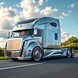 A magnificent semi-truck featuring exclusive Cadillac rims, designed with cutting-edge aesthetics