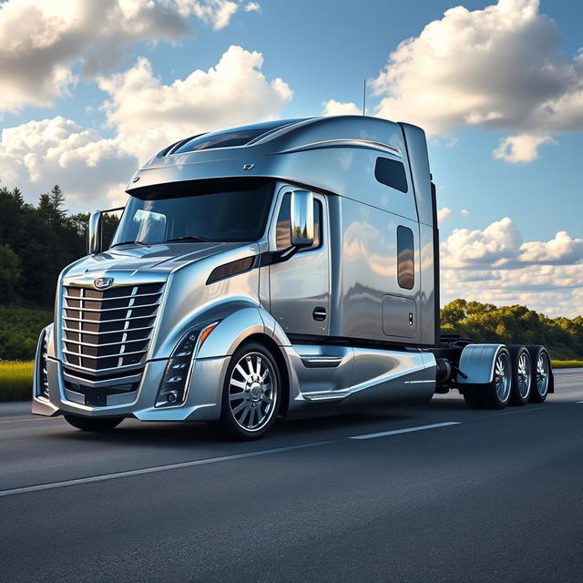 A magnificent semi-truck featuring exclusive Cadillac rims, designed with cutting-edge aesthetics