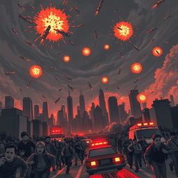 An intense illustration of bombs falling over a city, capturing the moment of chaos and desperation