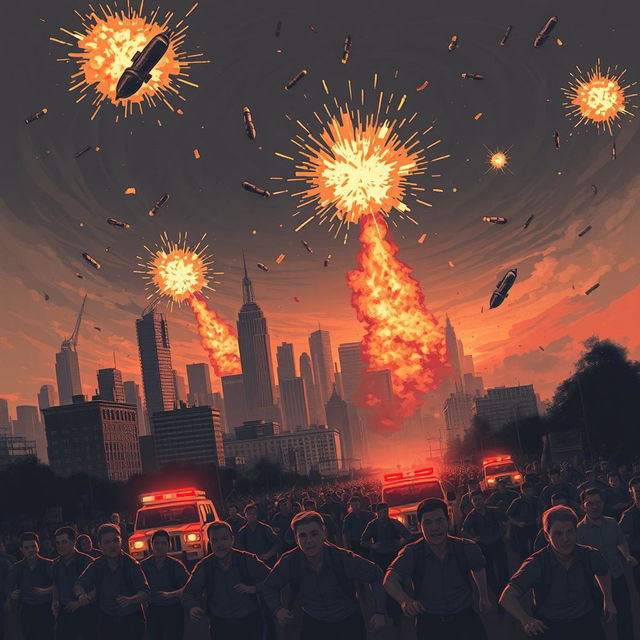 An intense illustration of bombs falling over a city, capturing the moment of chaos and desperation