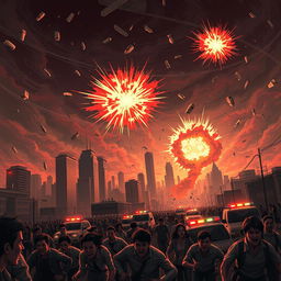 An intense illustration of bombs falling over a city, capturing the moment of chaos and desperation