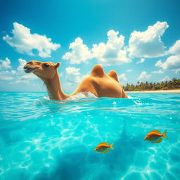 A surreal scene of a camel gracefully swimming in crystal-clear turquoise water, with a bright blue sky above and fluffy white clouds