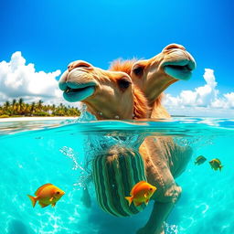 A surreal scene of a camel gracefully swimming in crystal-clear turquoise water, with a bright blue sky above and fluffy white clouds