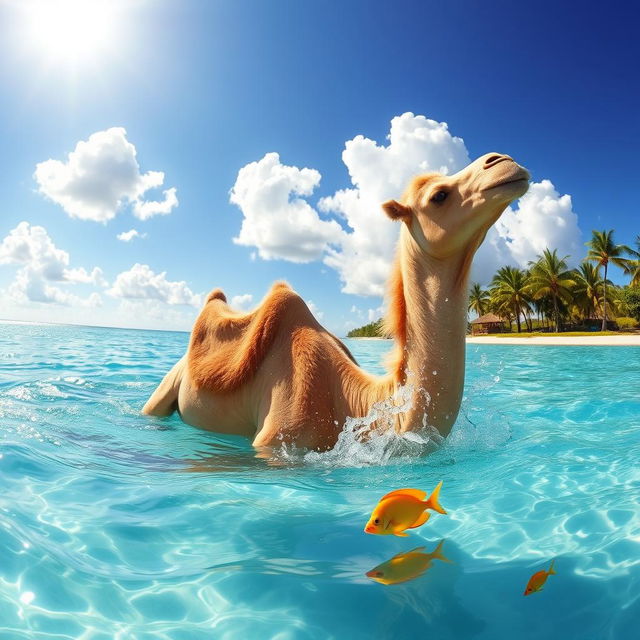 A surreal scene of a camel gracefully swimming in crystal-clear turquoise water, with a bright blue sky above and fluffy white clouds