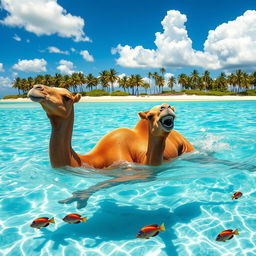 A surreal scene of a camel gracefully swimming in crystal-clear turquoise water, with a bright blue sky above and fluffy white clouds