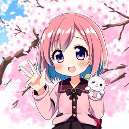 A cute Japanese anime girl with large expressive eyes and vibrant colored hair, wearing a stylish and colorful outfit