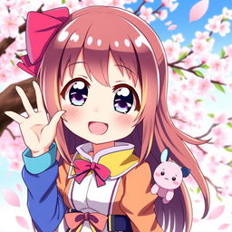 A cute Japanese anime girl with large expressive eyes and vibrant colored hair, wearing a stylish and colorful outfit