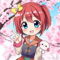 A cute Japanese anime girl with large expressive eyes and vibrant colored hair, wearing a stylish and colorful outfit