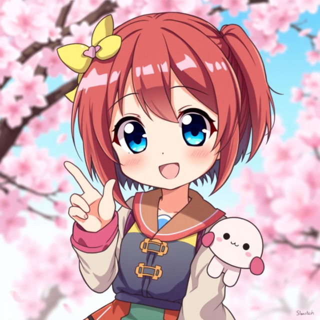 A cute Japanese anime girl with large expressive eyes and vibrant colored hair, wearing a stylish and colorful outfit