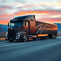 An impressive semi-truck featuring custom Toyota rims, showcasing a cutting-edge and modern design