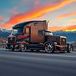 An impressive semi-truck featuring custom Toyota rims, showcasing a cutting-edge and modern design
