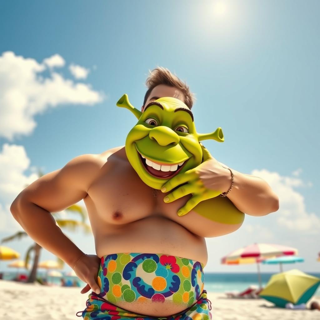 A man wearing a colorful bikini, enjoying a sunny hot summer day at the beach