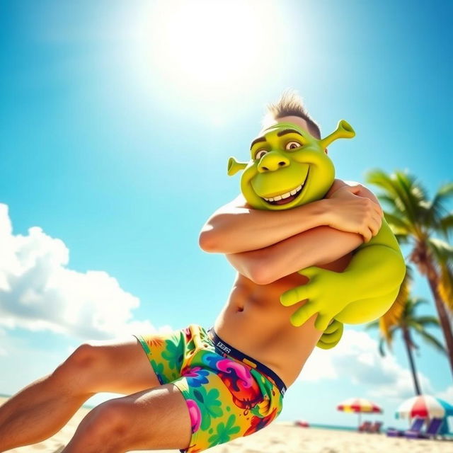 A man wearing a colorful bikini, enjoying a sunny hot summer day at the beach