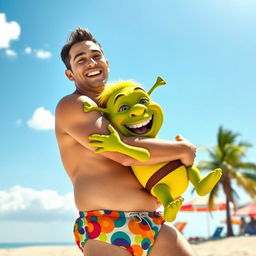 A man wearing a colorful bikini, enjoying a sunny hot summer day at the beach