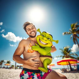 A man wearing a colorful bikini, enjoying a sunny hot summer day at the beach