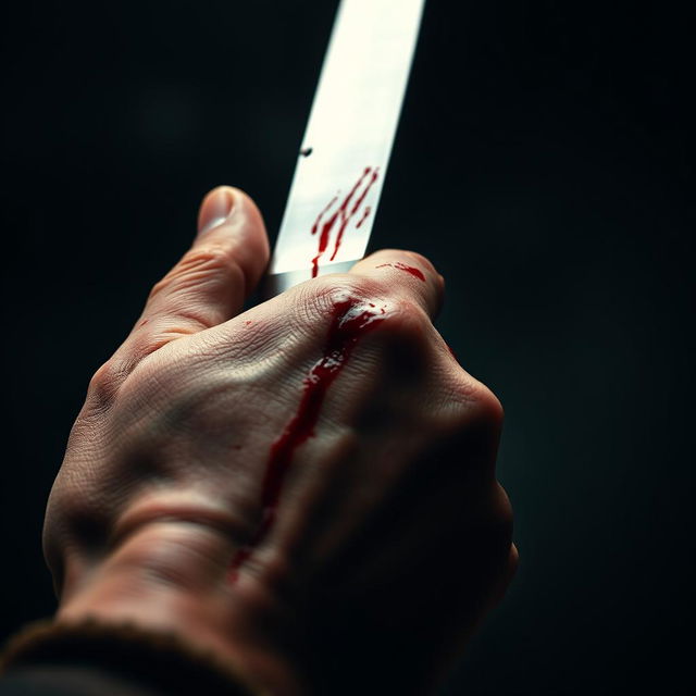 A close-up image of a bloodied hand with a deep cut, holding a shiny kitchen knife