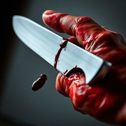 A close-up image of a bloodied hand with a deep cut, holding a shiny kitchen knife