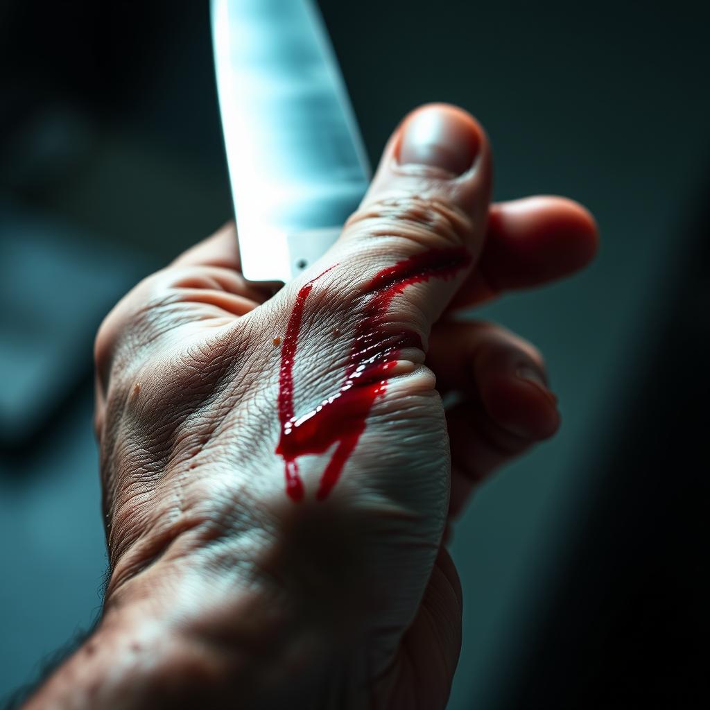 A close-up image of a bloodied hand with a deep cut, holding a shiny kitchen knife