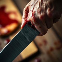 A close-up image of a bloodied hand with a deep cut, holding a shiny kitchen knife
