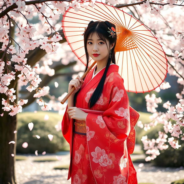 A portrait of a Japanese girl elegantly dressed in a vibrant red kimono adorned with intricate patterns, holding a traditional paper umbrella