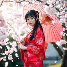 A portrait of a Japanese girl elegantly dressed in a vibrant red kimono adorned with intricate patterns, holding a traditional paper umbrella
