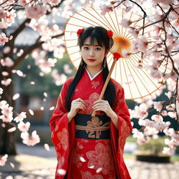 A portrait of a Japanese girl elegantly dressed in a vibrant red kimono adorned with intricate patterns, holding a traditional paper umbrella