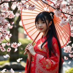 A portrait of a Japanese girl elegantly dressed in a vibrant red kimono adorned with intricate patterns, holding a traditional paper umbrella